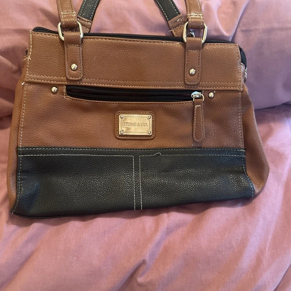 Stone & Co Medium Shoulder Bag Two Tone Brown Black Leather Hobo Purse Everyday